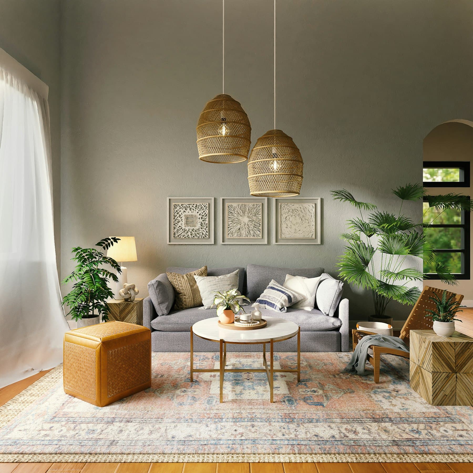 Sala com luminárias de palha